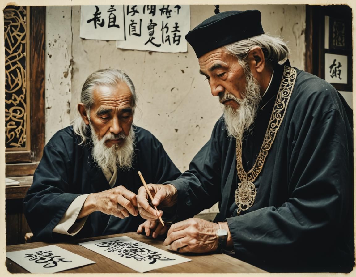 Old wise master teaching calligraphy to young student filigr...