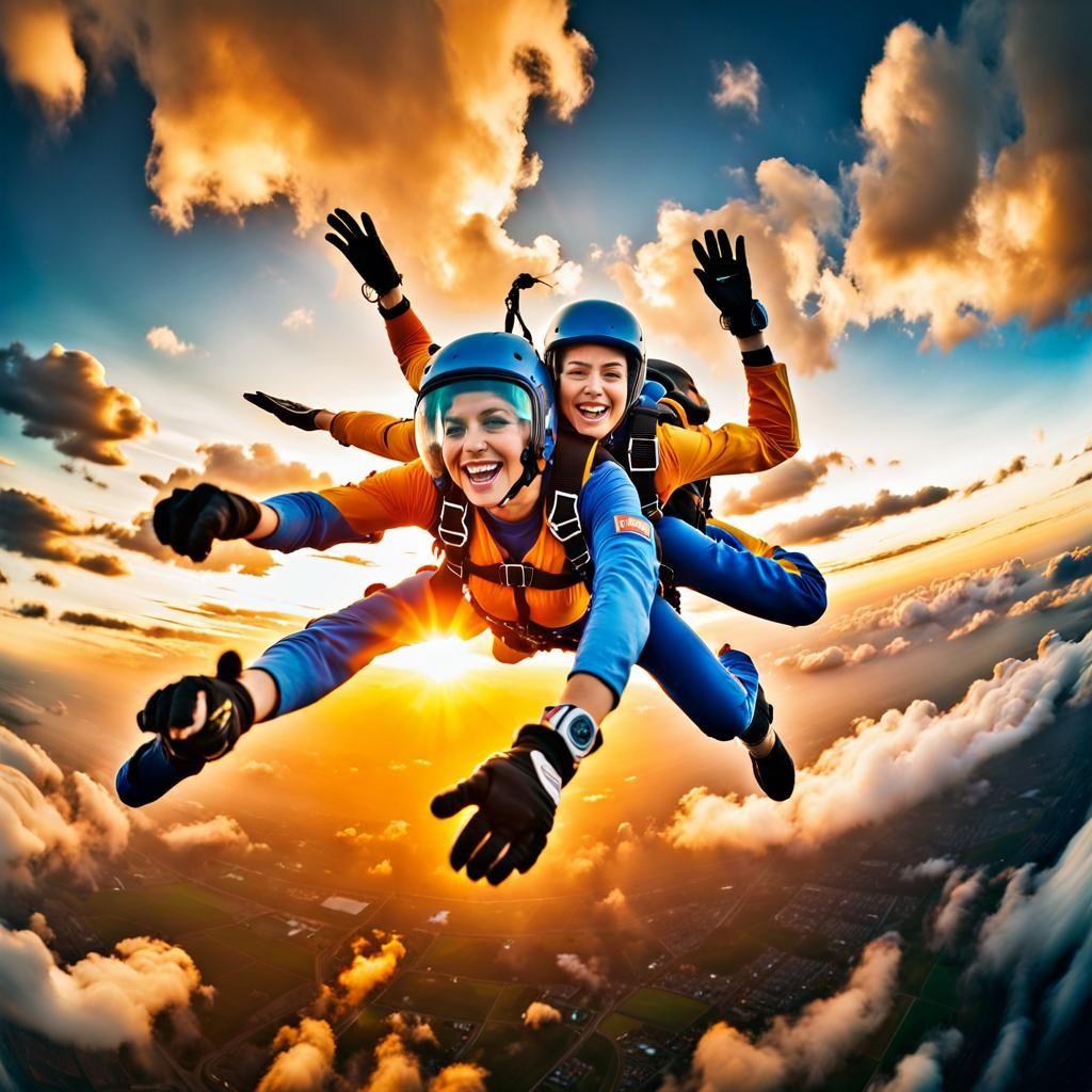 Women and Cats Skydiving in Surreal Hyperrealism