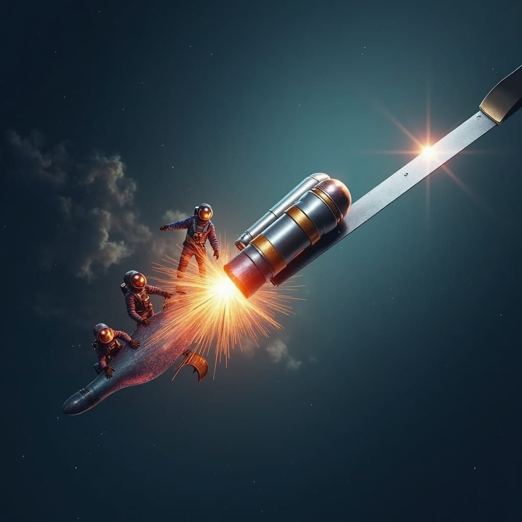 Astronauts Tend Alien Creature in Nebula Landscape