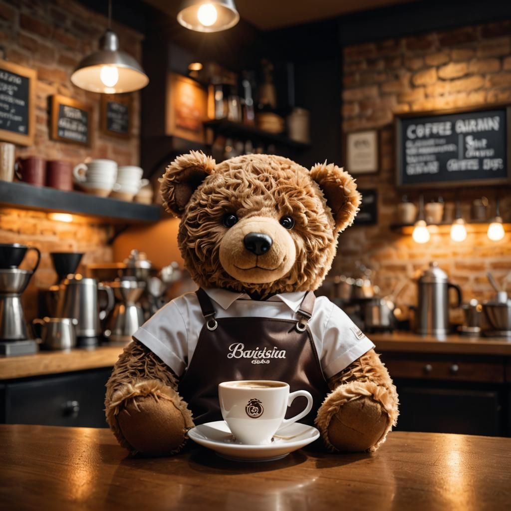 Teddy Bear Barista in Hyper-Realistic Macro Photography