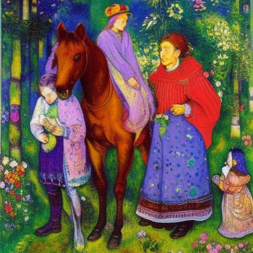 Fairytale Grandmother and Horse, Stylized Illustration