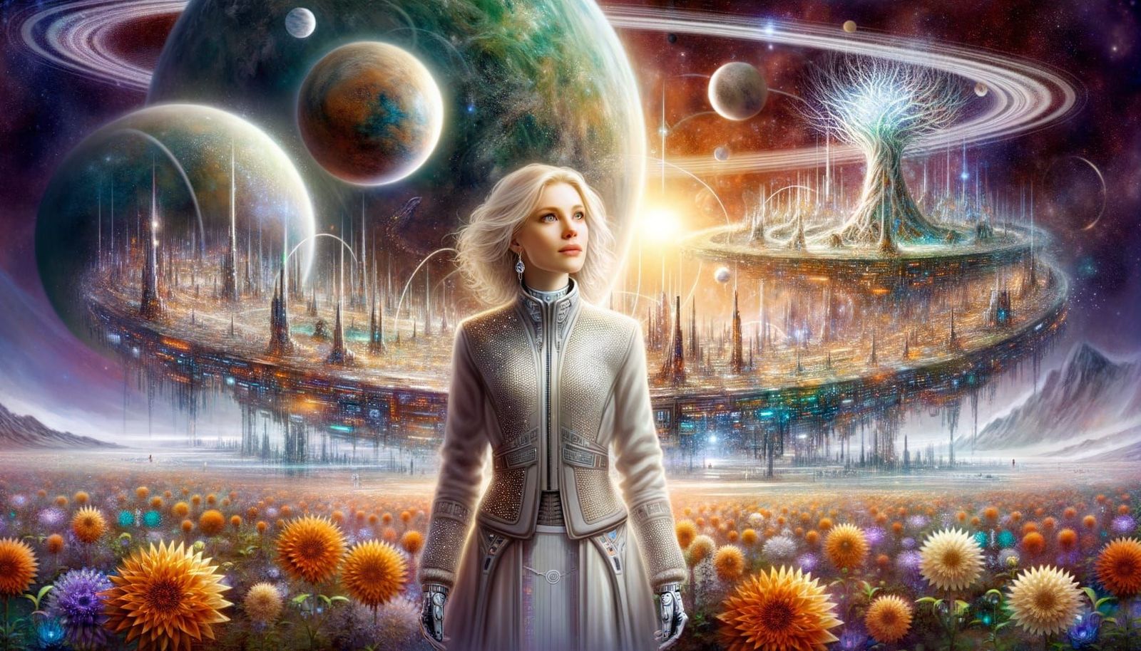 Woman Gazing at Advanced Kardashev-2 Civilization
