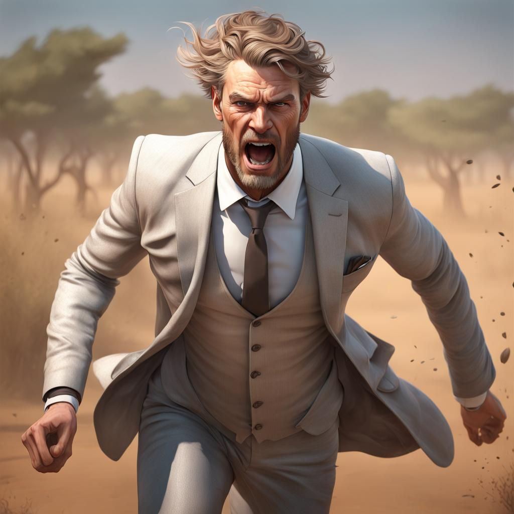 Angry Businessman Runs Through Savannah: Hyperrealistic Art