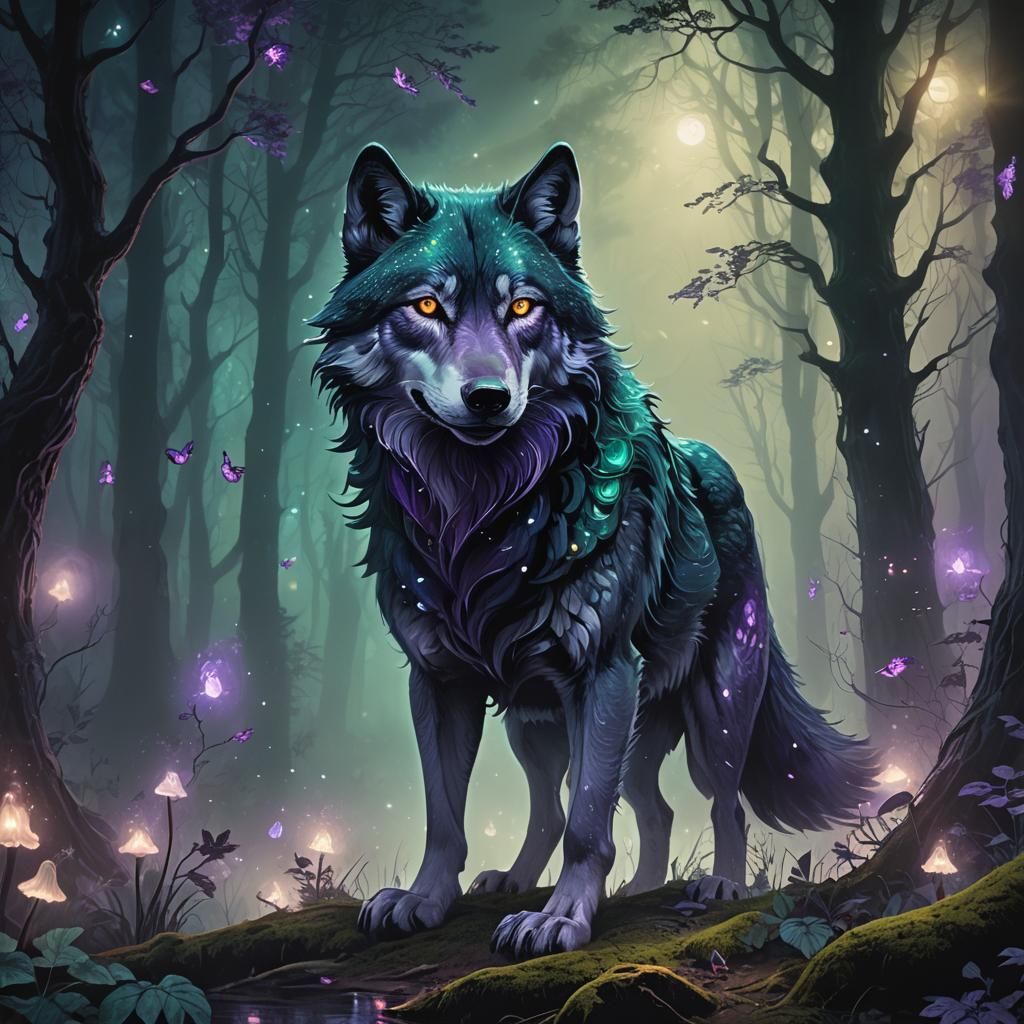 Glowing Wolf in Haunted Forest: Dark Fantasy Art