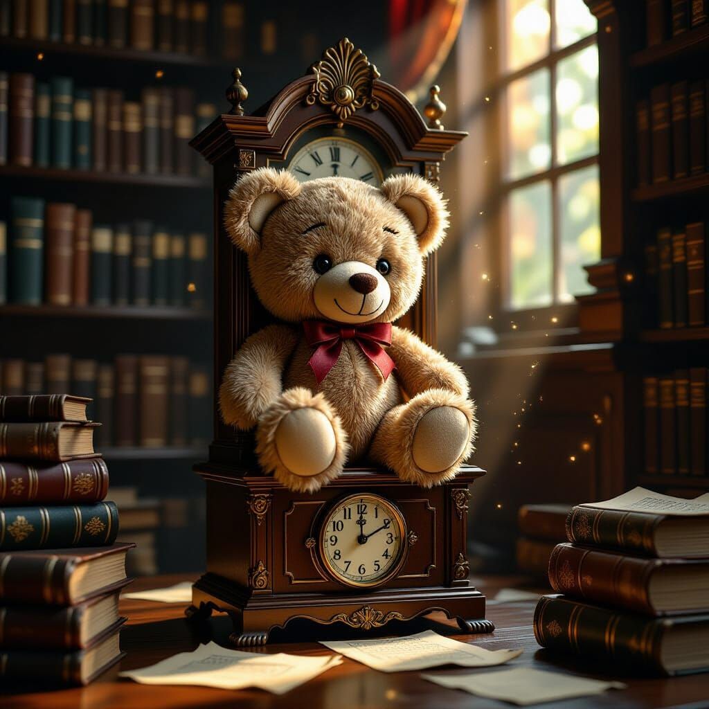 Whimsical Stuffed Bear on Grandfather Clock