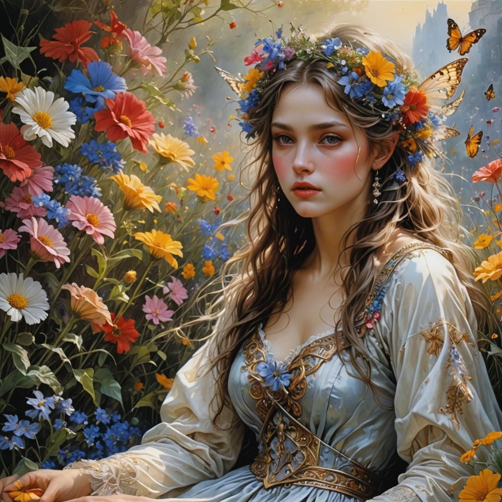Fairy in Sunlight Among Flowers: Hyperrealistic Digital Pain...