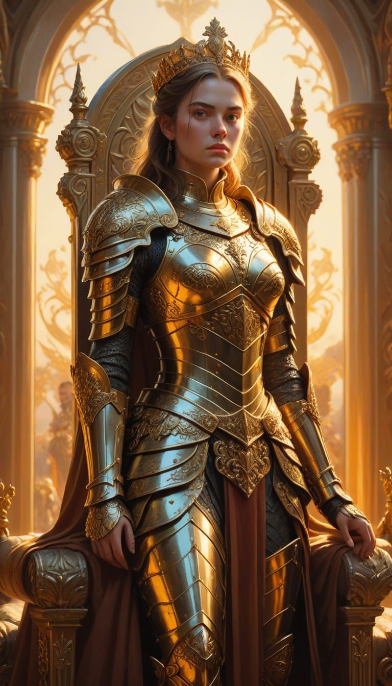 Armored Female Figure Before Golden Throne