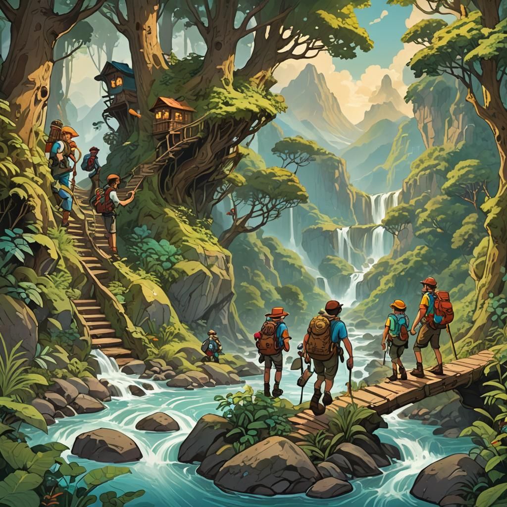 Whimsical Adventure: Friends Exploring Unknown Lands