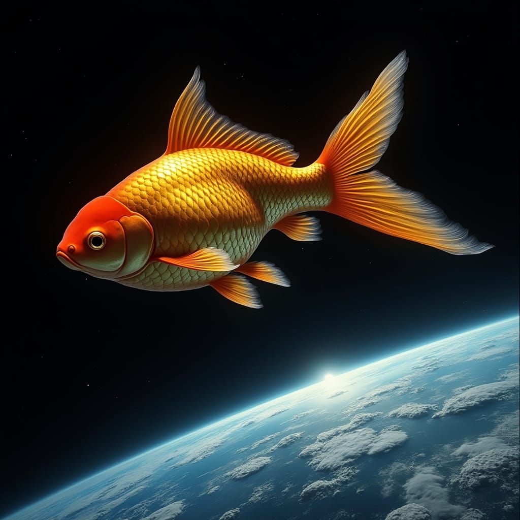 Glowing Goldfish in Orbit Around a Blue and White Planet