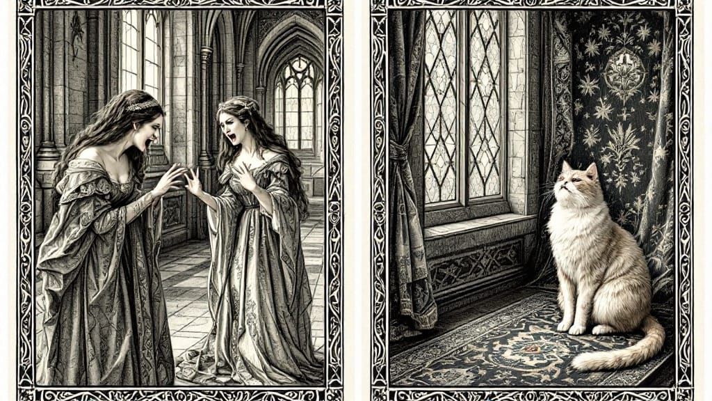 Medieval Maidens Scold Regal Feline in Illuminated Manuscrip...