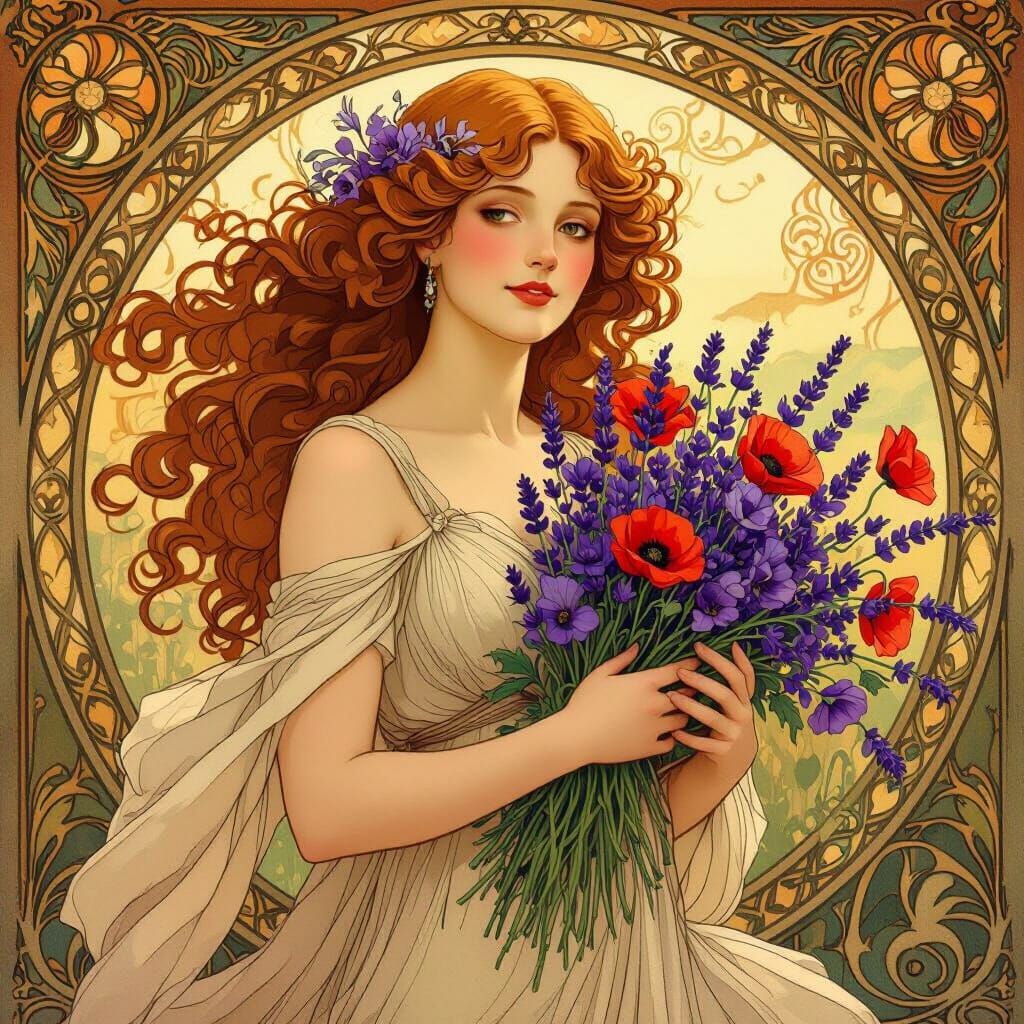 Art Nouveau Woman with Red Hair and Flowers