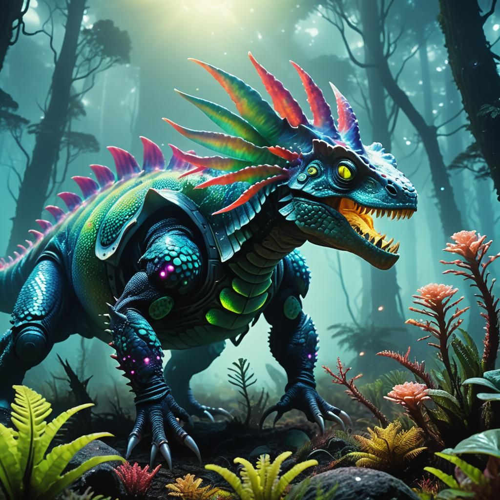 Surreal Armored Alien Creature in Bioluminescent Forest