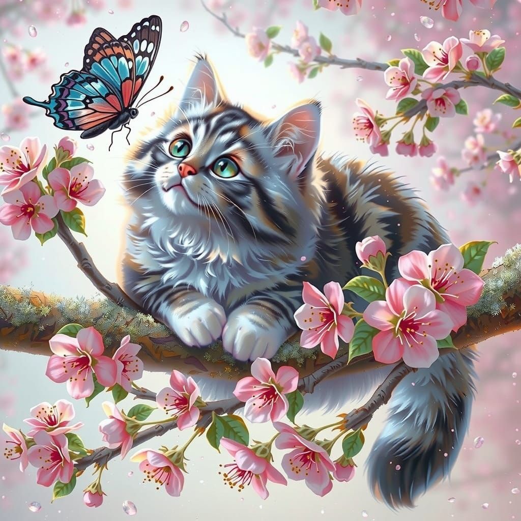 Cat with Butterfly in Cherry Tree: Digital Art