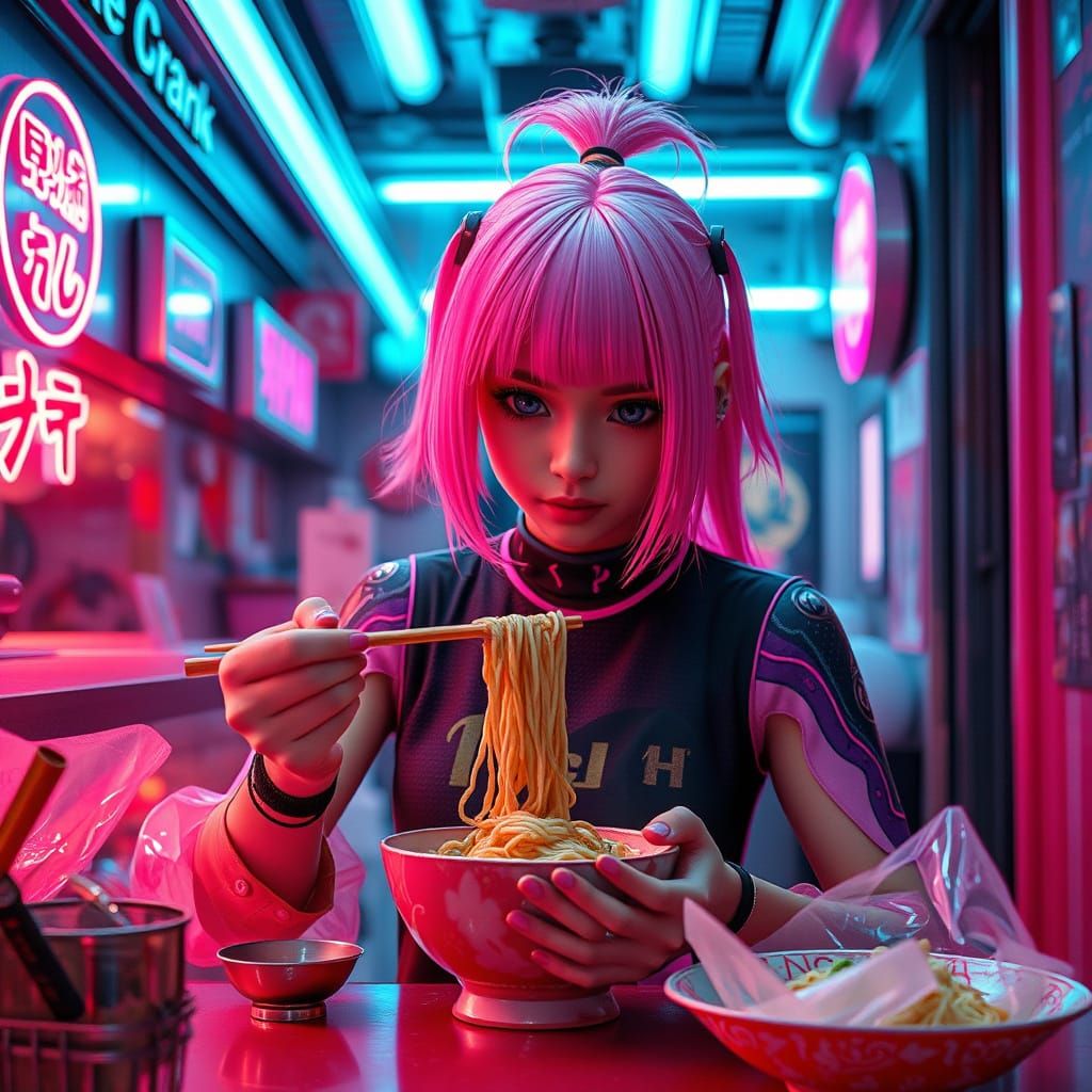Cybernetic Girl Serves Noodles in Neon Tokyo