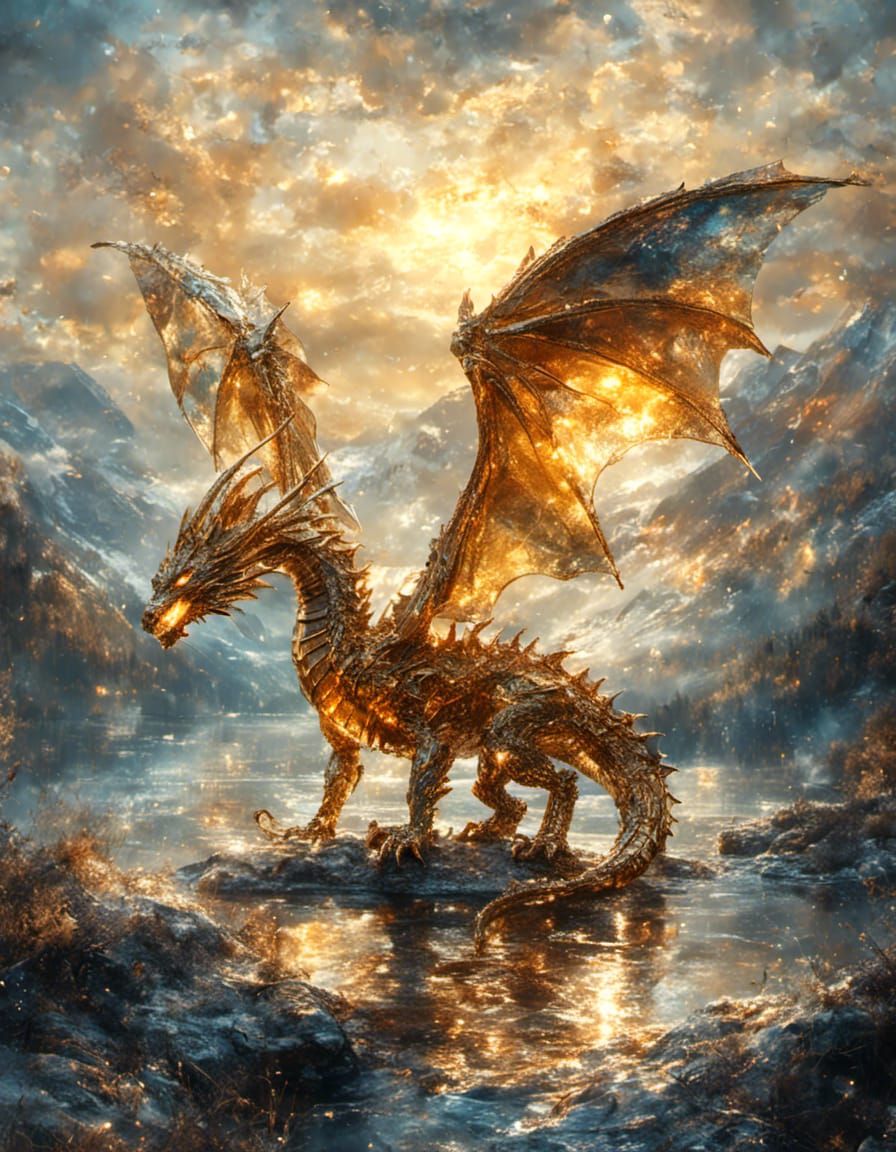 Glass Winged Dragon with Sunlit Landscape