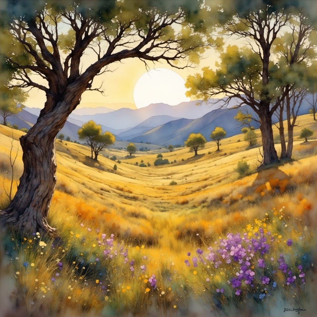 Ojai Valley Golden Hour Impasto Oil Painting