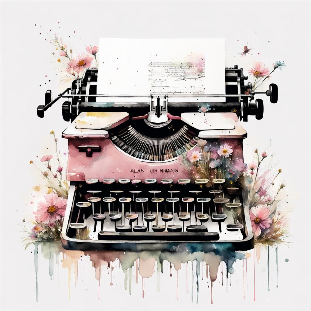 Vintage Typewriter with Wildflowers in Watercolor