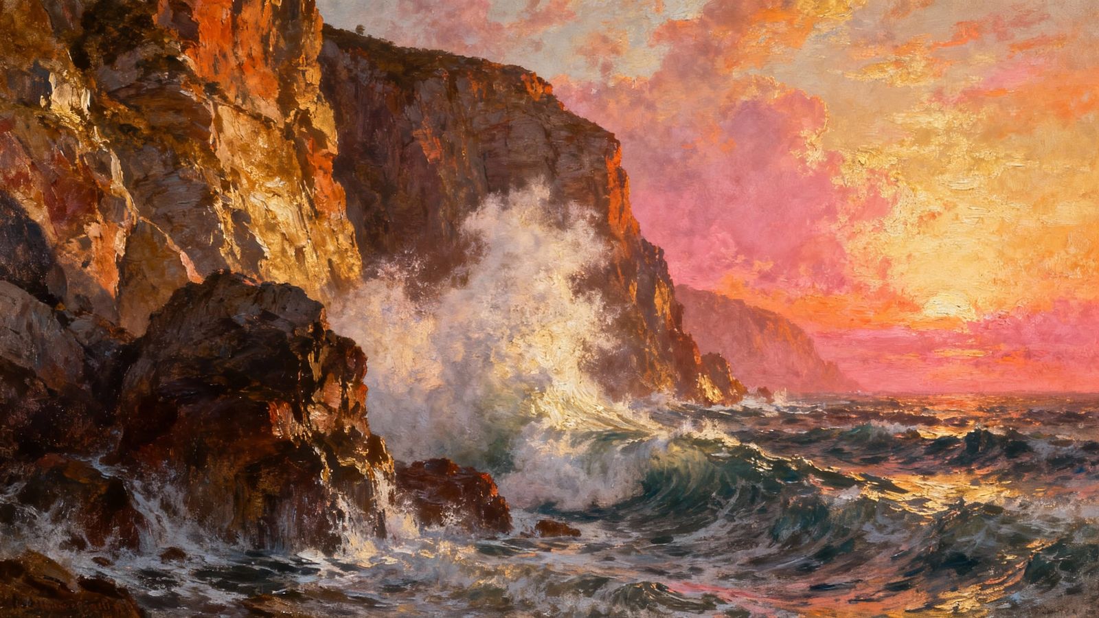 Dramatic Sunrise Over Crashing Ocean Waves and Rocky Cliffs