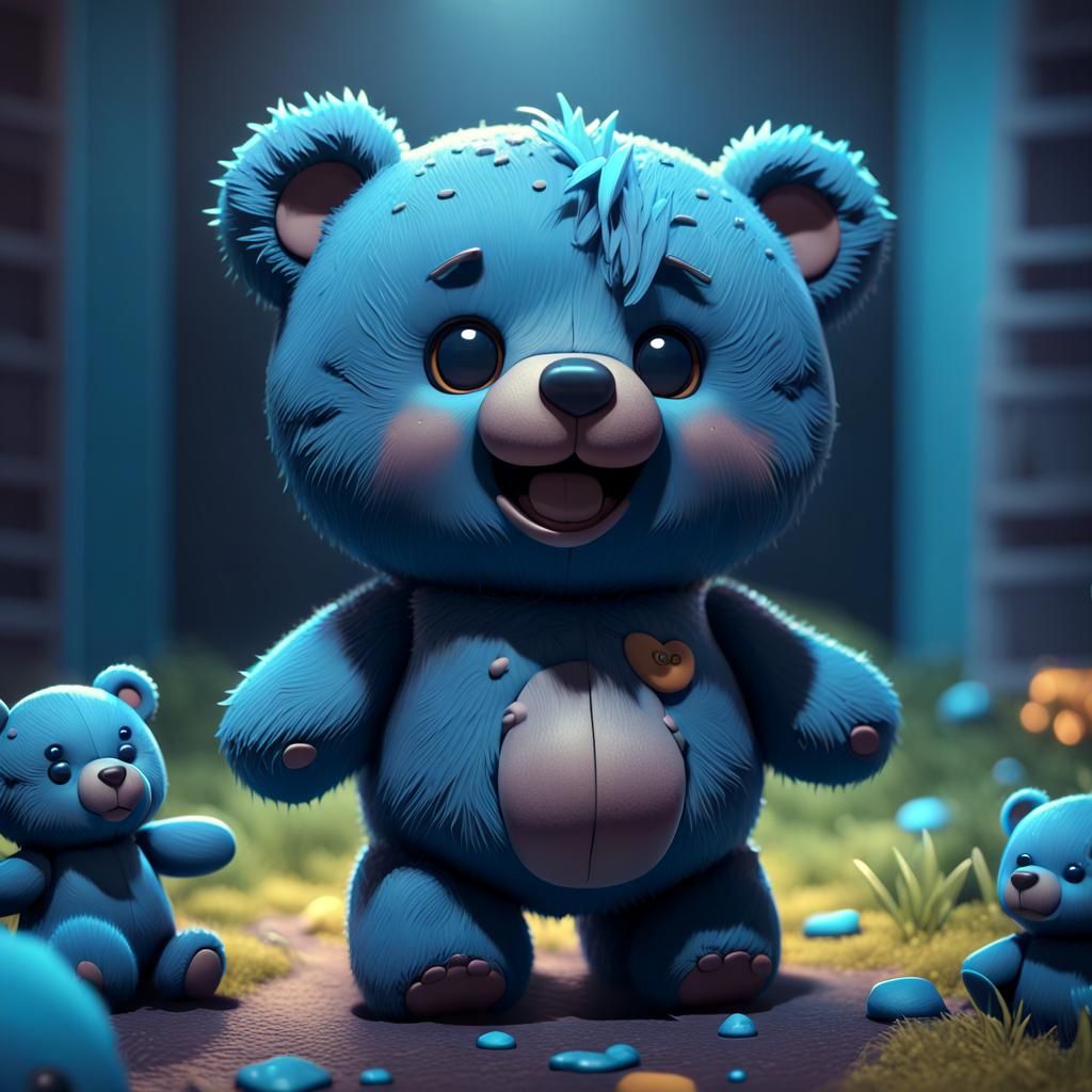 Cute Cartoon Teddy Bear in Dreamlike Forest, Surreal Art