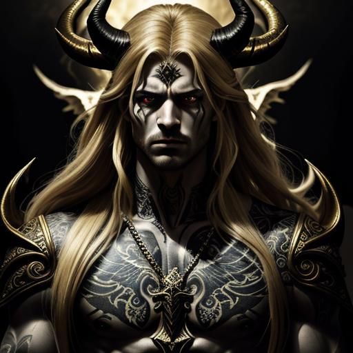 *Absolute perfection"
Gorgeous male demon long blonde hair
Devil horns wings
Big sword
Tattoos