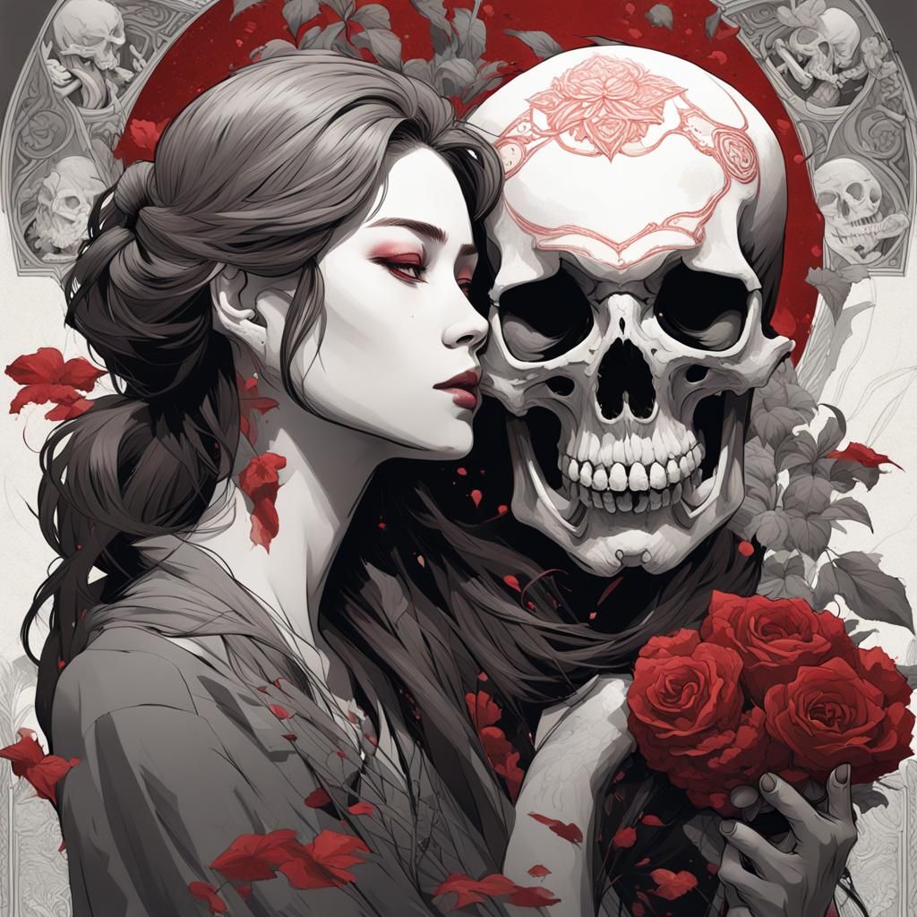 Woman Kissing Skull: Japanese-Inspired Gothic Art