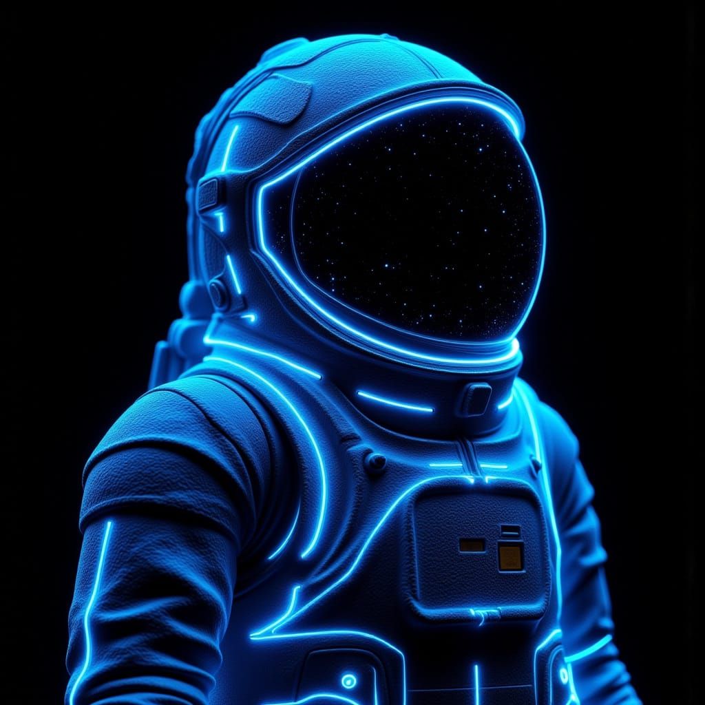 Astronaut in Futuristic Spacesuit with Neon Blue Outlines
