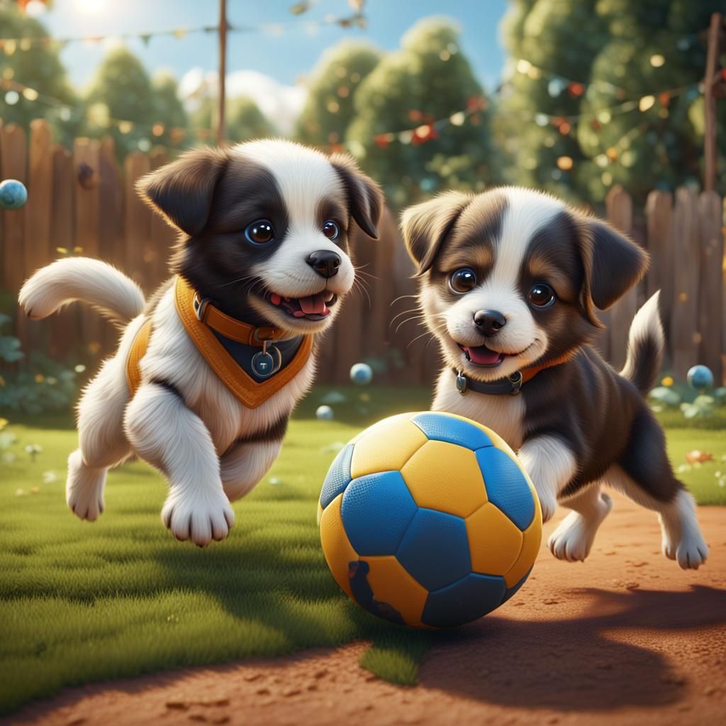 Cute Puppies Play Soccer in Detailed Matte Painting