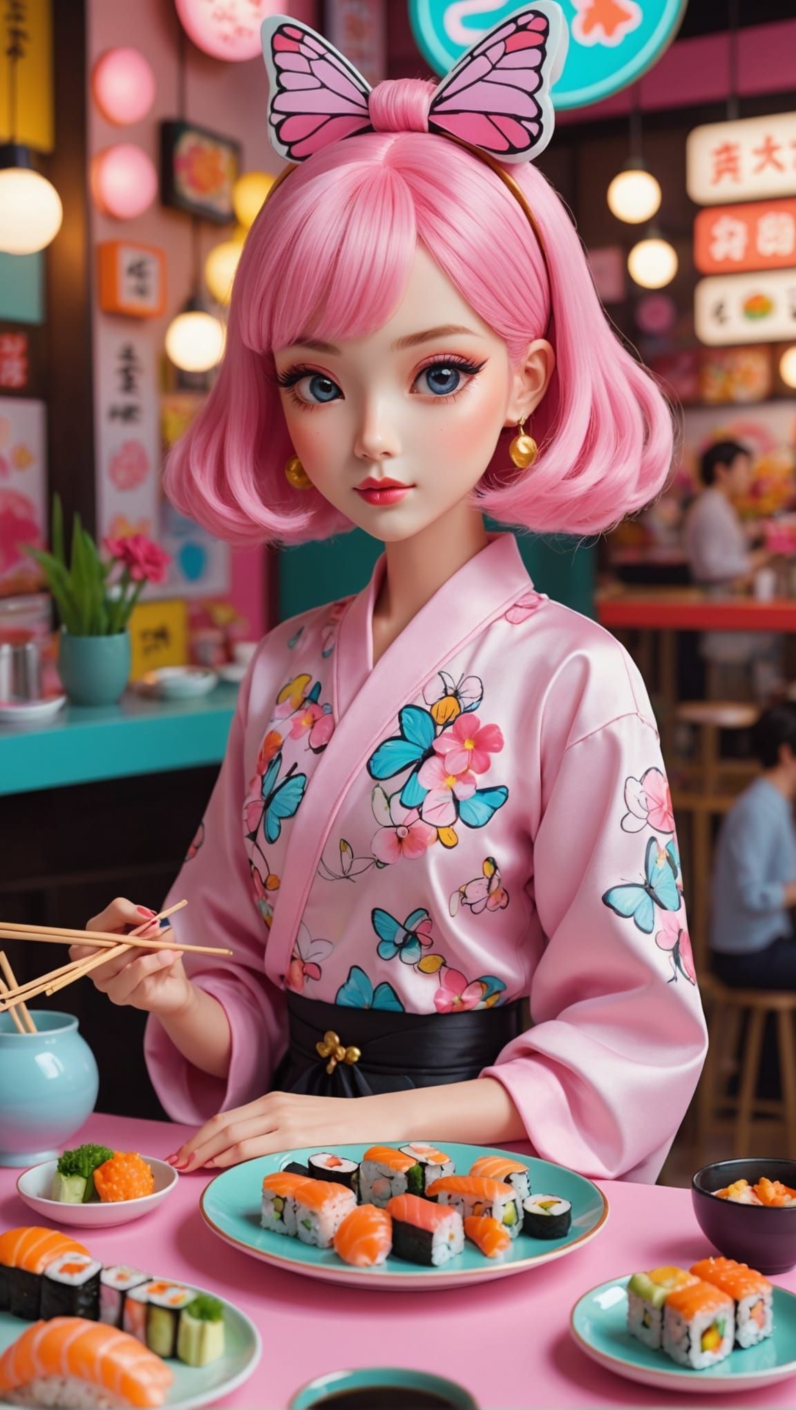 Vintage Anime Woman with Sushi in Kawaii Cafe