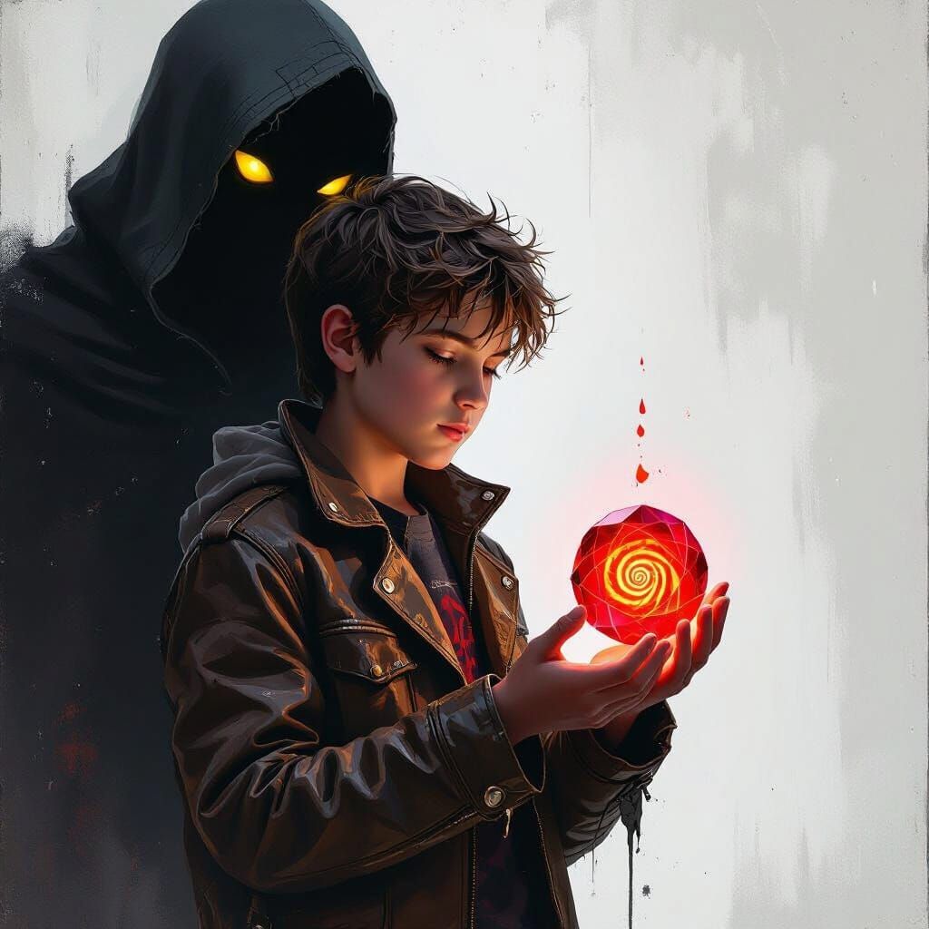 Boy with Gem Beside Shadow Figure in Matte Painting Style