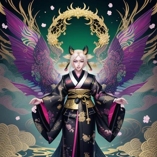 Majestic Kitsune Goddess with Dragon Wings in Golden Kimono