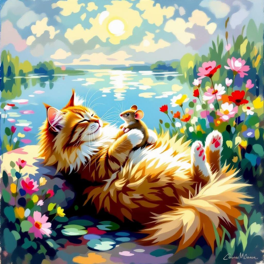 Ginger Cat Cradles Mouse in Monet-Inspired Landscape