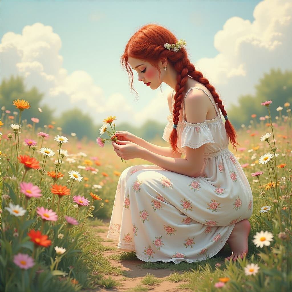 Woman Picking Flowers in Rothko-Miyazaki Style