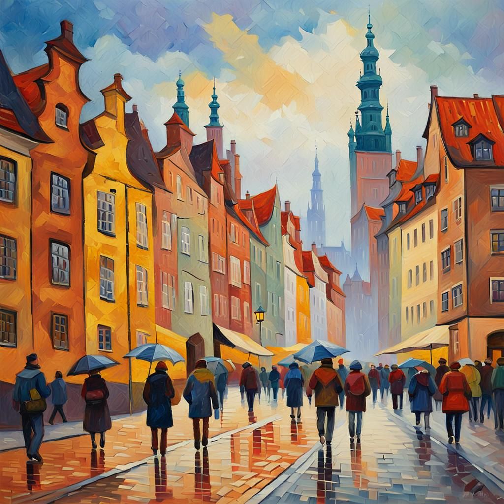 Colorful Gdansk Poland in Neo-Impressionistic Style