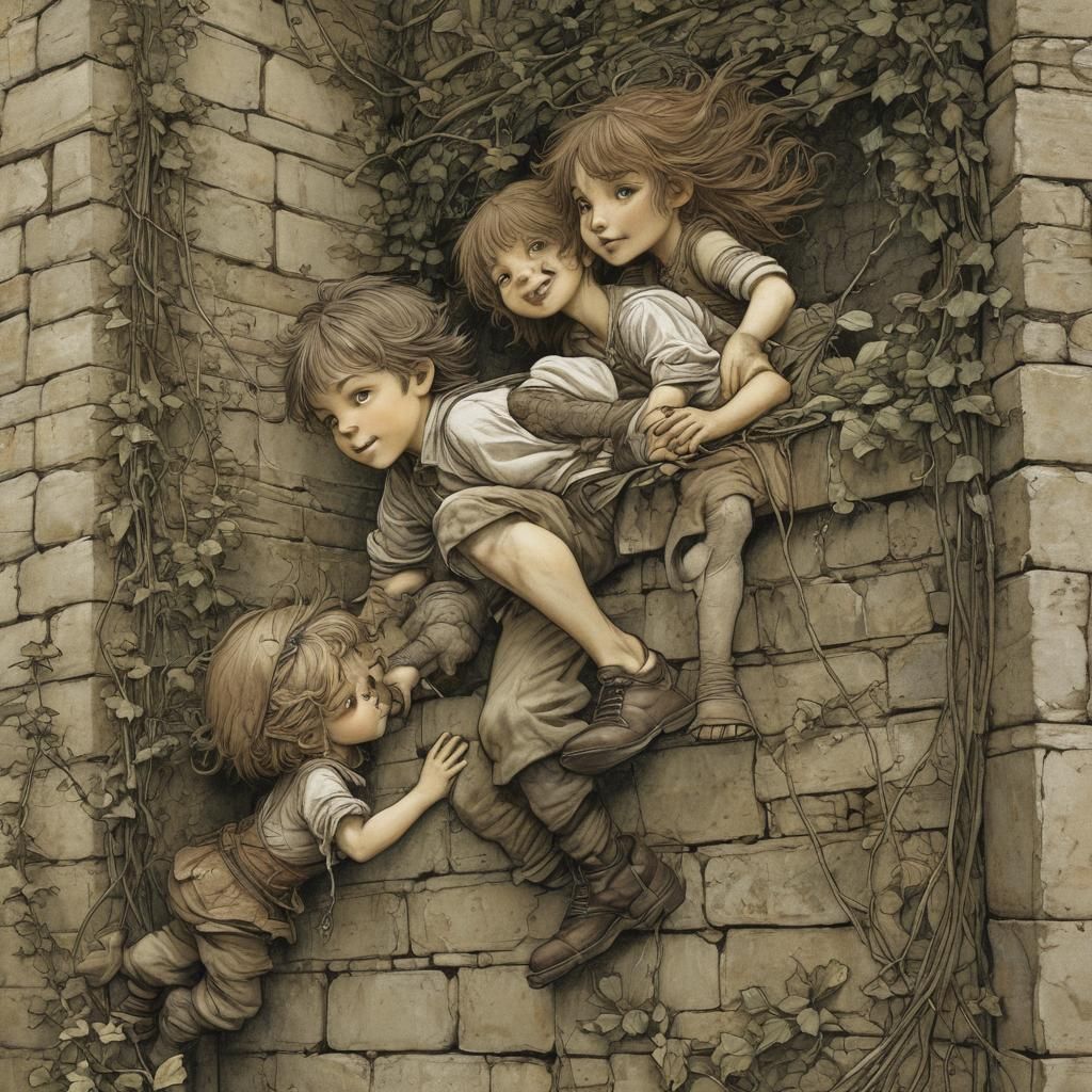 Charming Siblings Help Sister Over Wall, Detailed Illustrati...