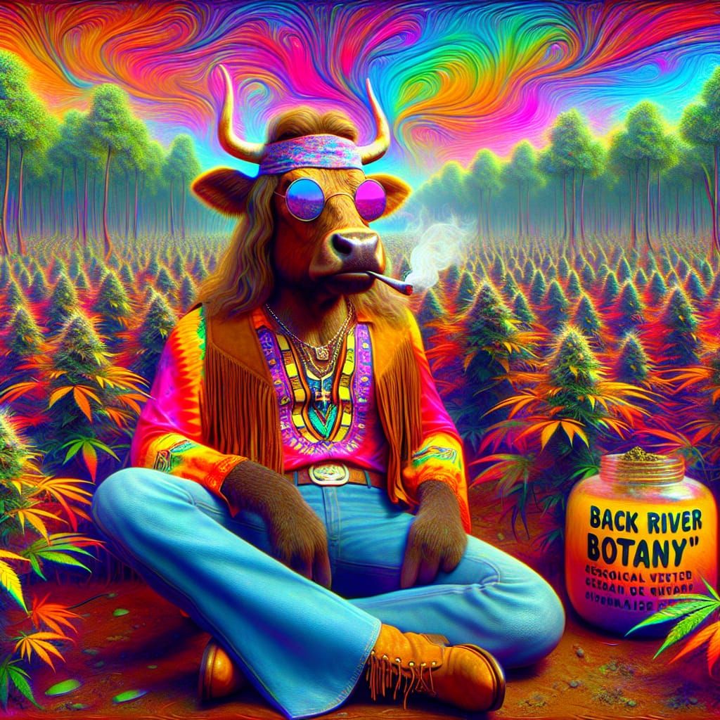 Hippie Bull in Cannabis Marsh: Vivid Digital Matte Painting