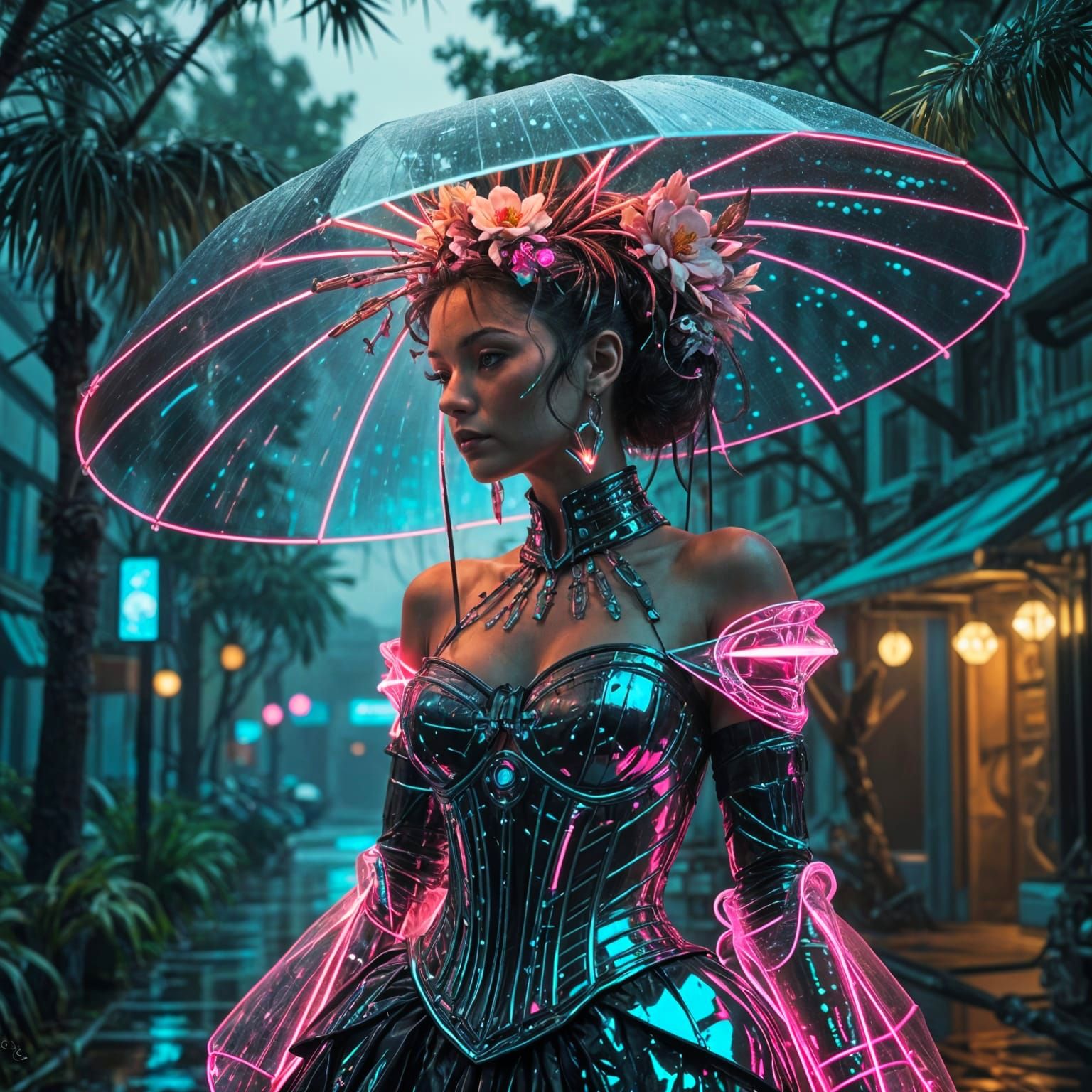 Cyberpunk Southern Belle in Neon Southern Gothic City