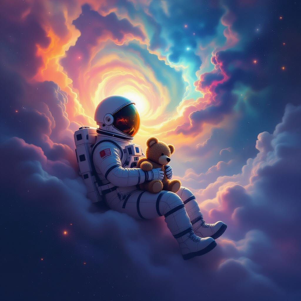 Astronaut Adrift With Teddy Bear in Cosmic Void