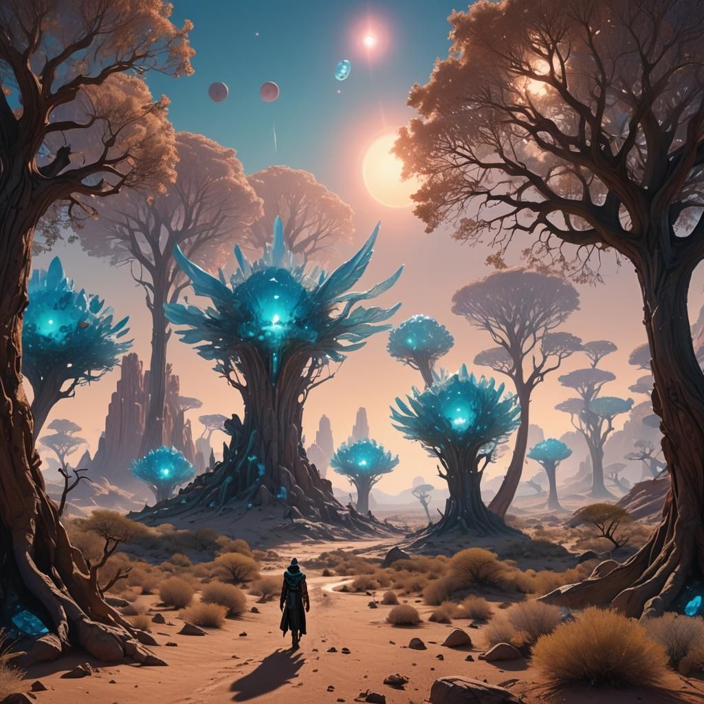 Otherworldly Desert Landscape with Bioluminescent Flora