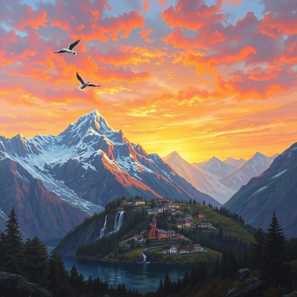 Vibrant Mountain Landscape with Waterfalls and Village