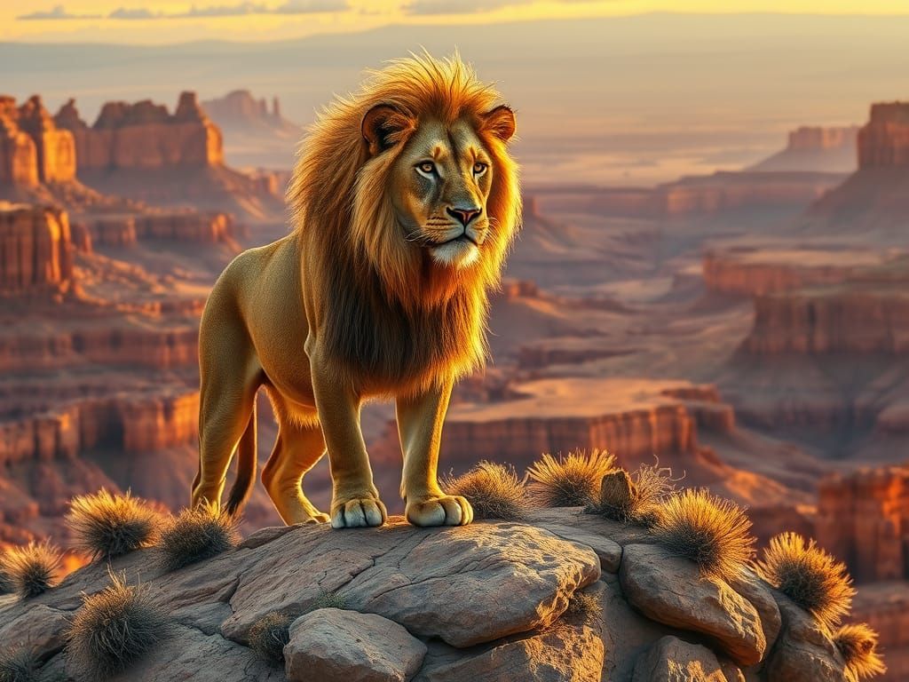 Majestic Lion in Hyper-Realistic American Southwest Landscap...