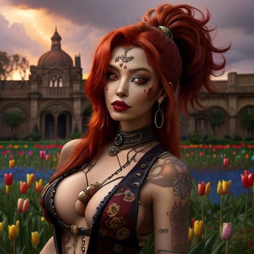 Steampunk Dancer Portrait with Red Hair and Magic Eyes