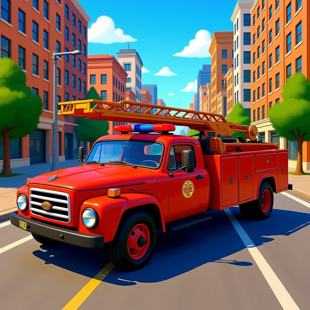 A majestic, gleaming fire truck, rendered in a hyperrealistic cartoon style, races down a sun-drenched city street, sire...