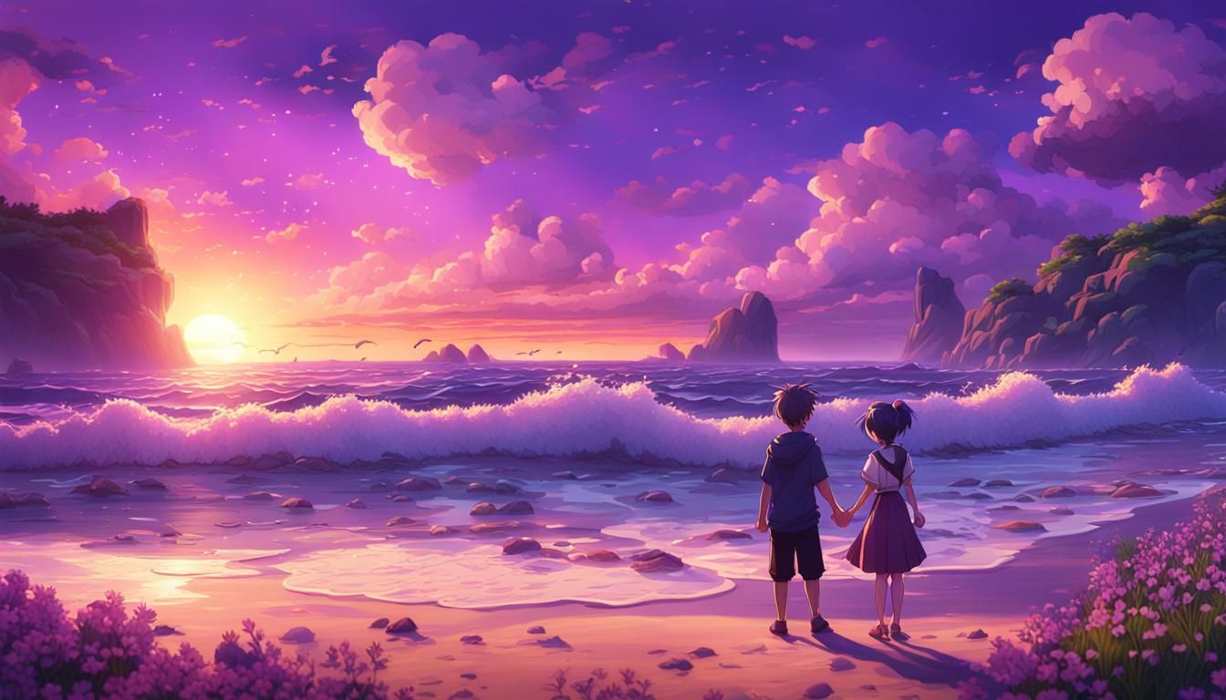 Anime Couple at Sunset: Detailed Matte Painting