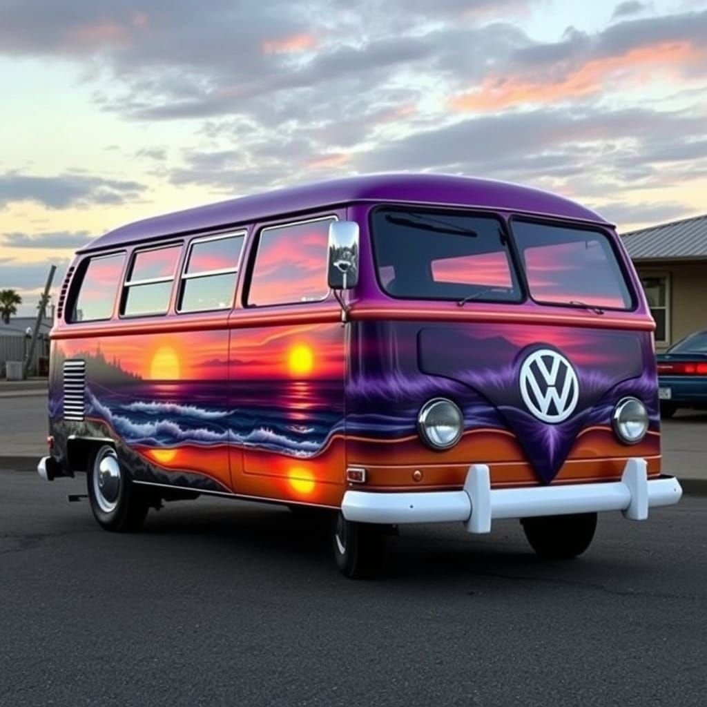 VW Bus Airbrush Mural of Ocean Sunset