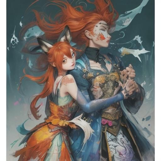Adorable Fox-girl VIXEN. Yoshitaka Amano art style.