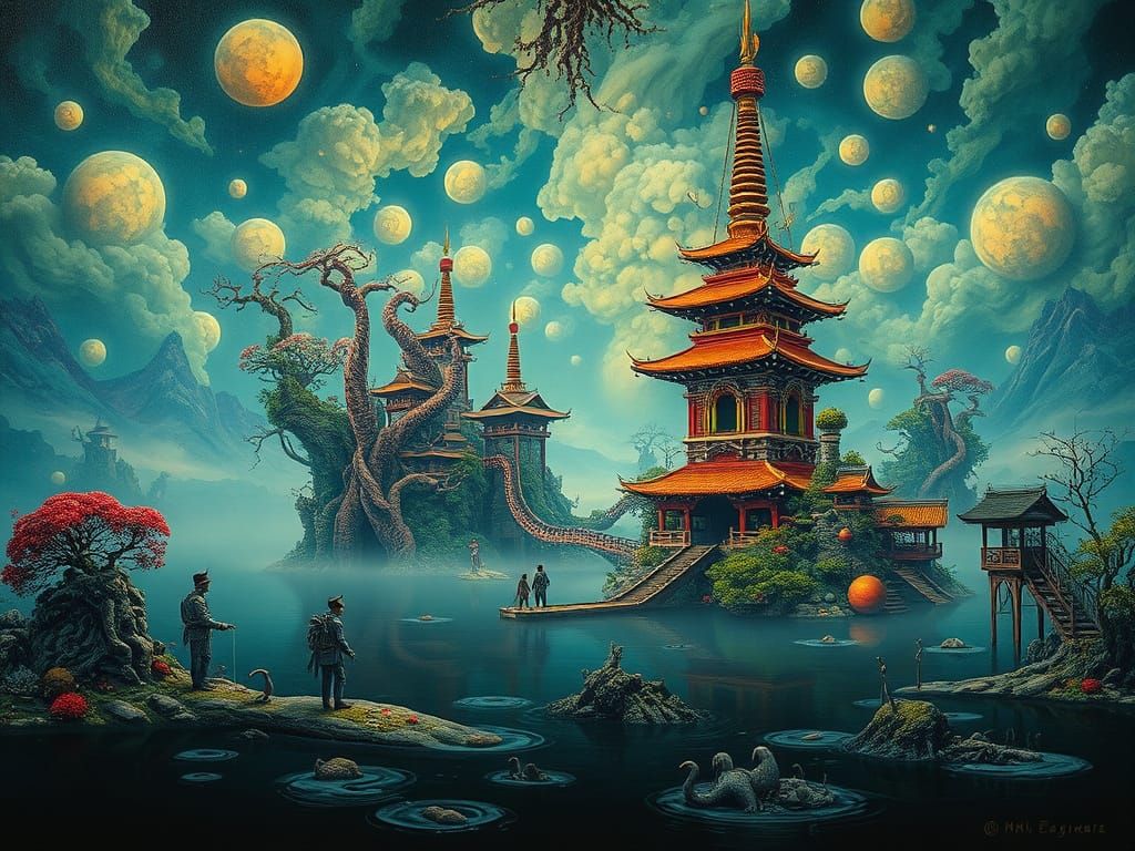 Surreal Japanese Temple Landscape in Misty Dreamscape