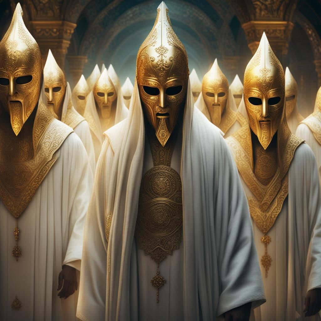 Mysterious Figures in White Robes and Golden Masks