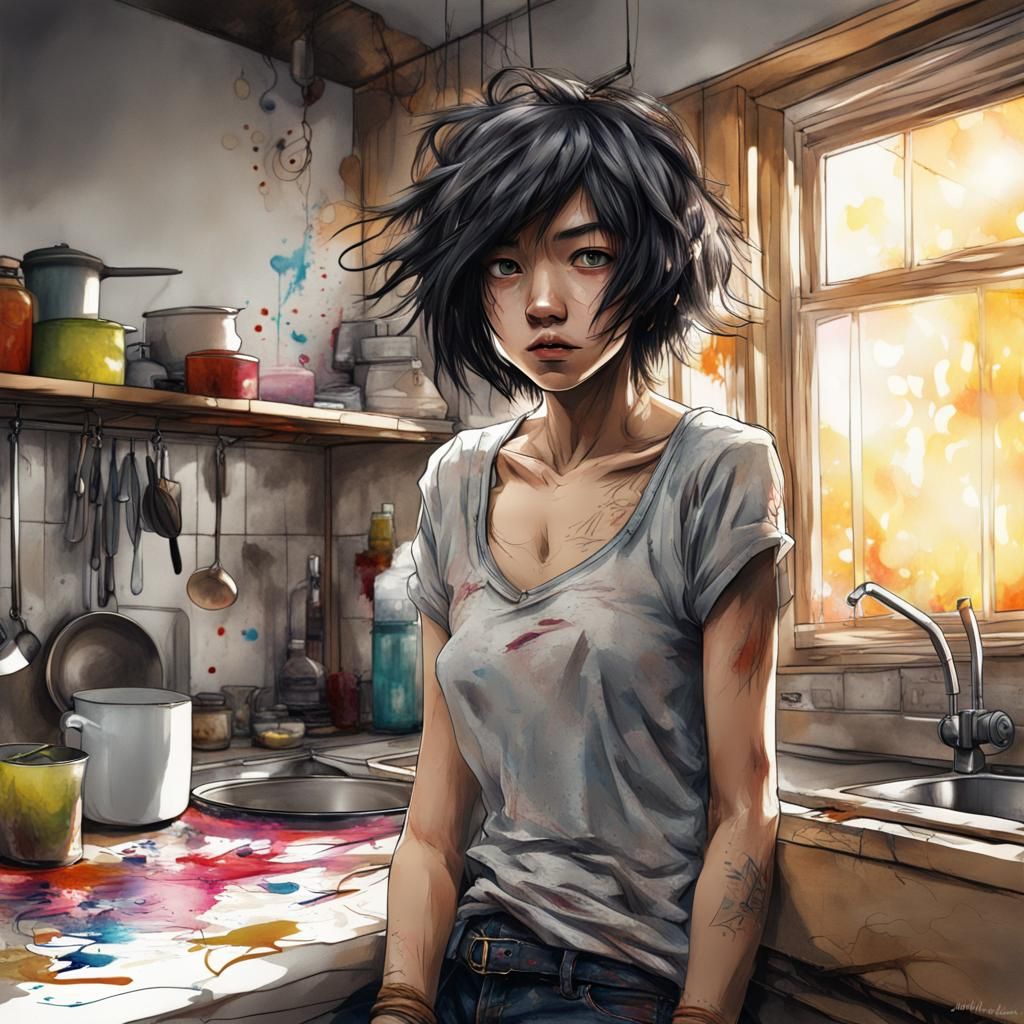 Frustrated Anime Girl Portrait in Bohemian Apartment