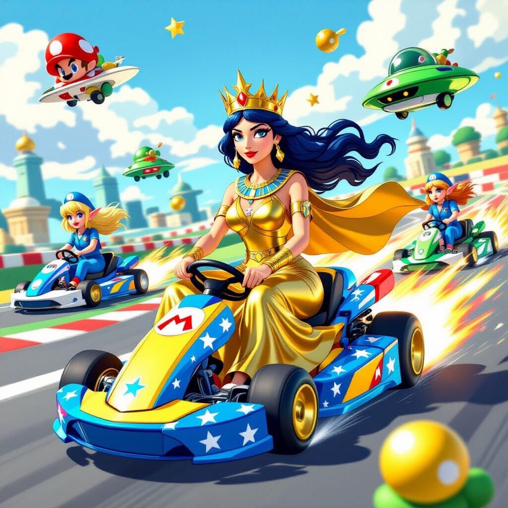 Goddess Isis Races in Mario Kart: Vibrant Digital Art
