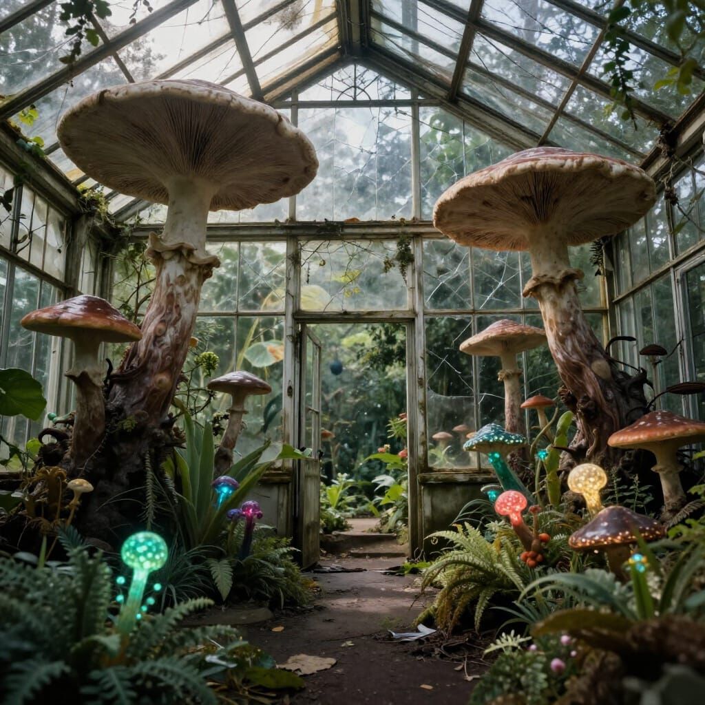 Mysterious Victorian Greenhouse with Giant Fungi and Glowing...